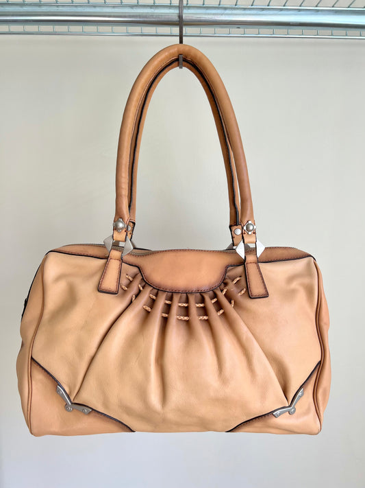 Tan Leather Shoulder Bag with Silver Details