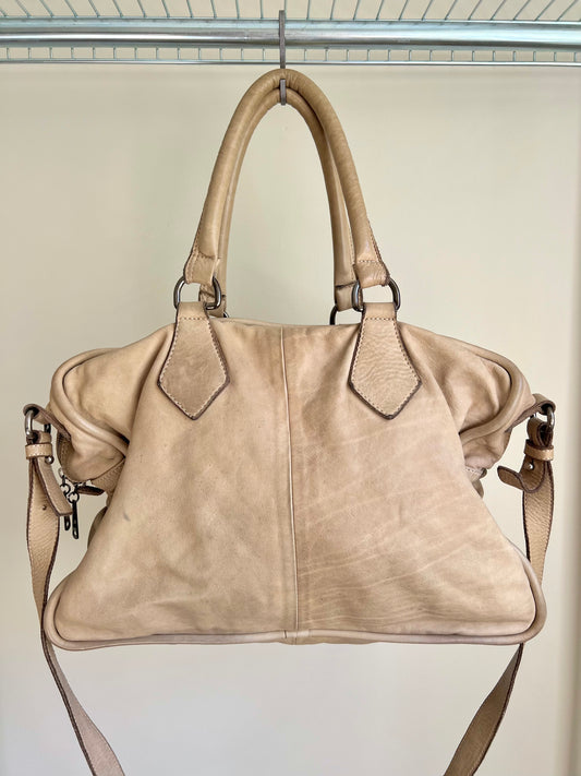 Beige Leather Shoulder Bag with Extra Strap