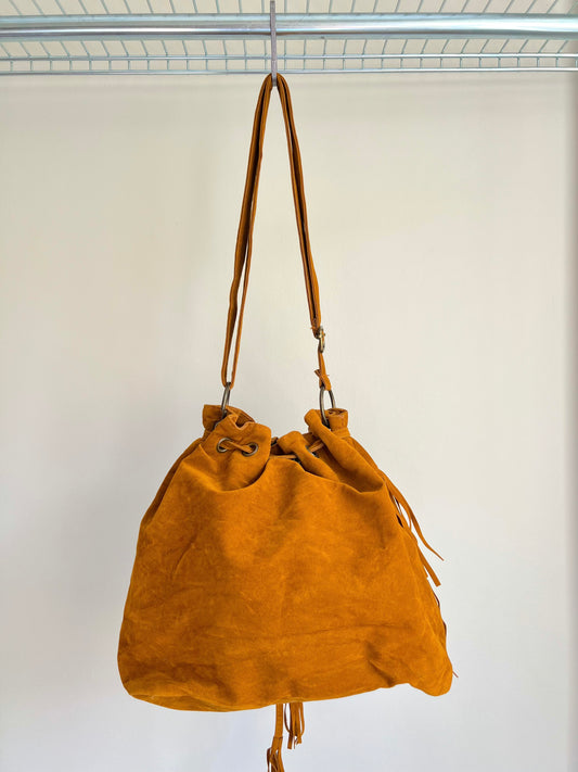 Camel Brown Suede Fringe Crossbody Bag