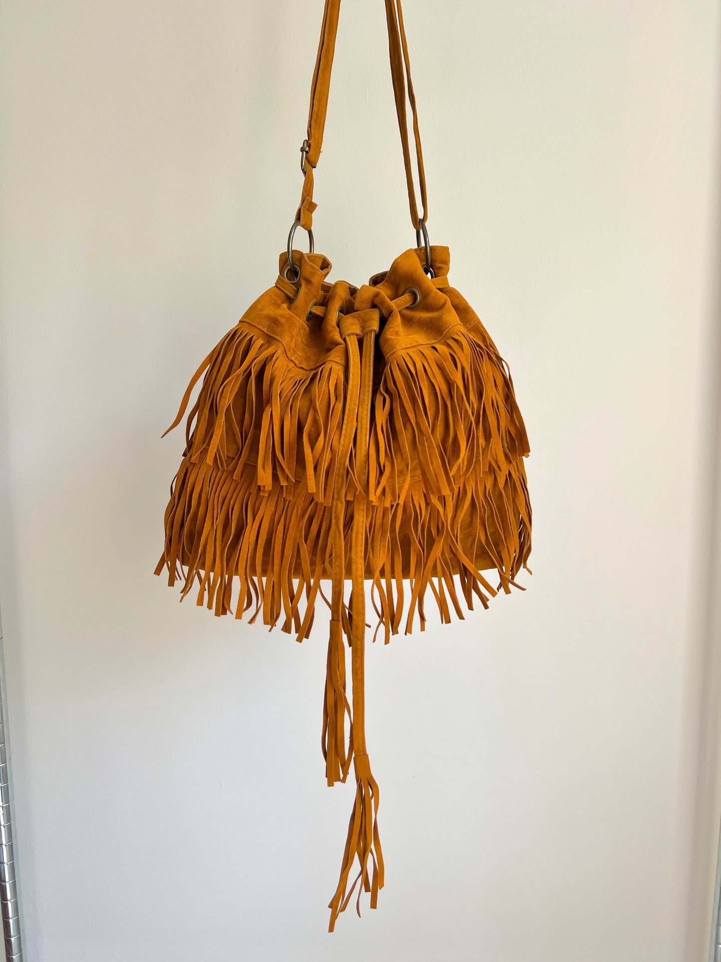 Camel Brown Suede Fringe Crossbody Bag