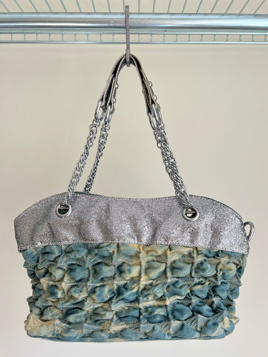Blue and Silver Textured Shoulder Bag