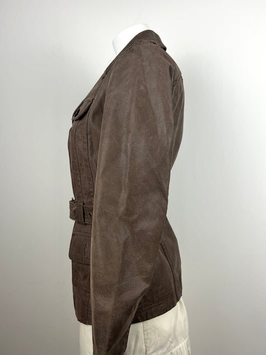 Taupe Genuine Leather Belted Safari Jacket