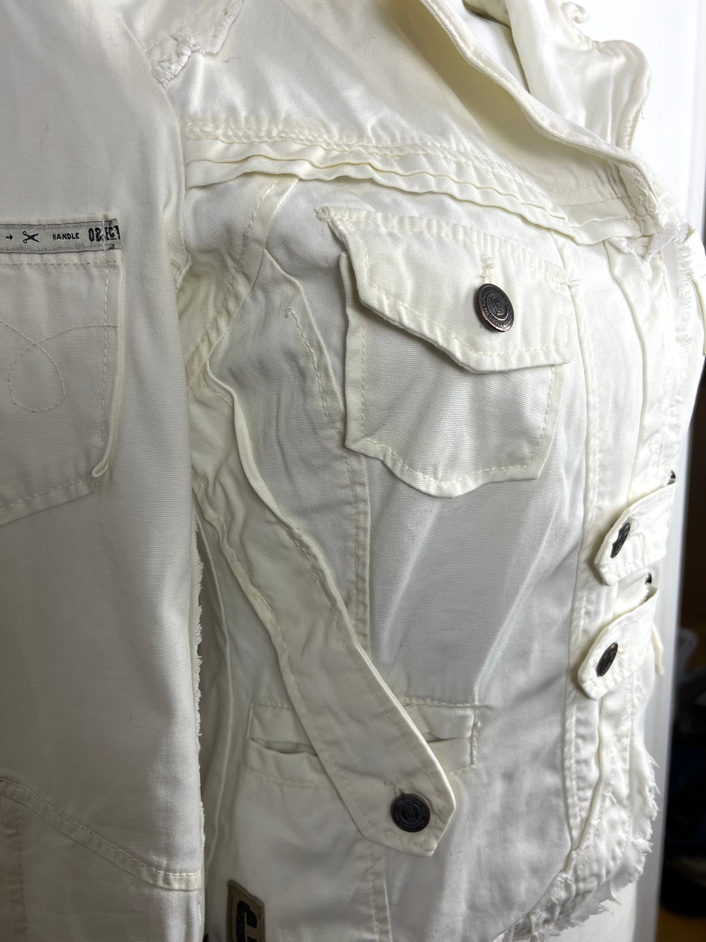 White Cotton Utility Jacket with Buckle Details