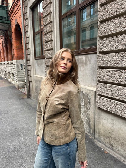 Brown Leather High Collar Jacket