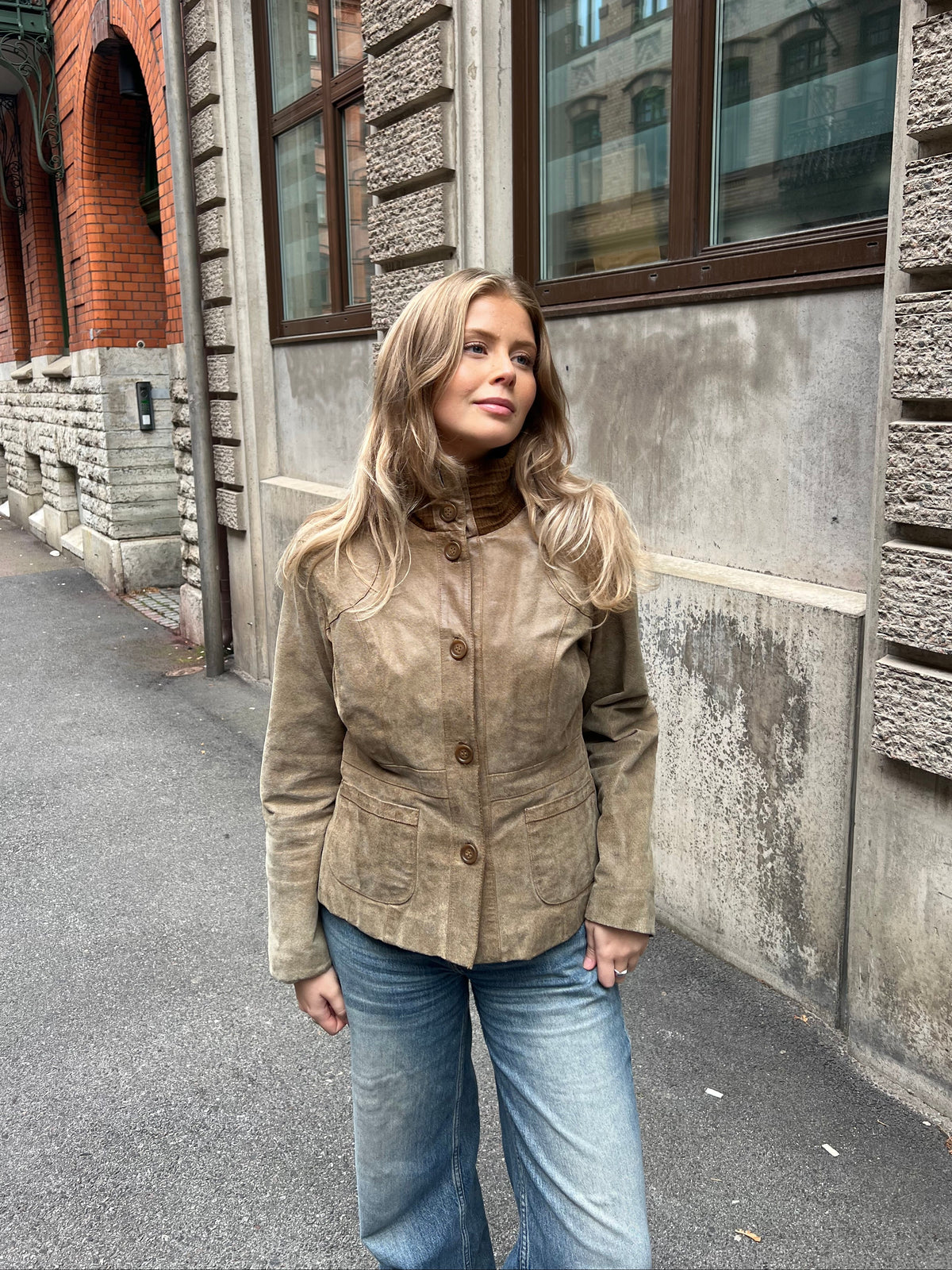 Brown Leather High Collar Jacket