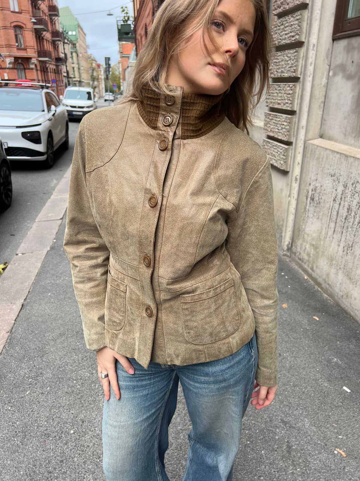 Brown Leather High Collar Jacket