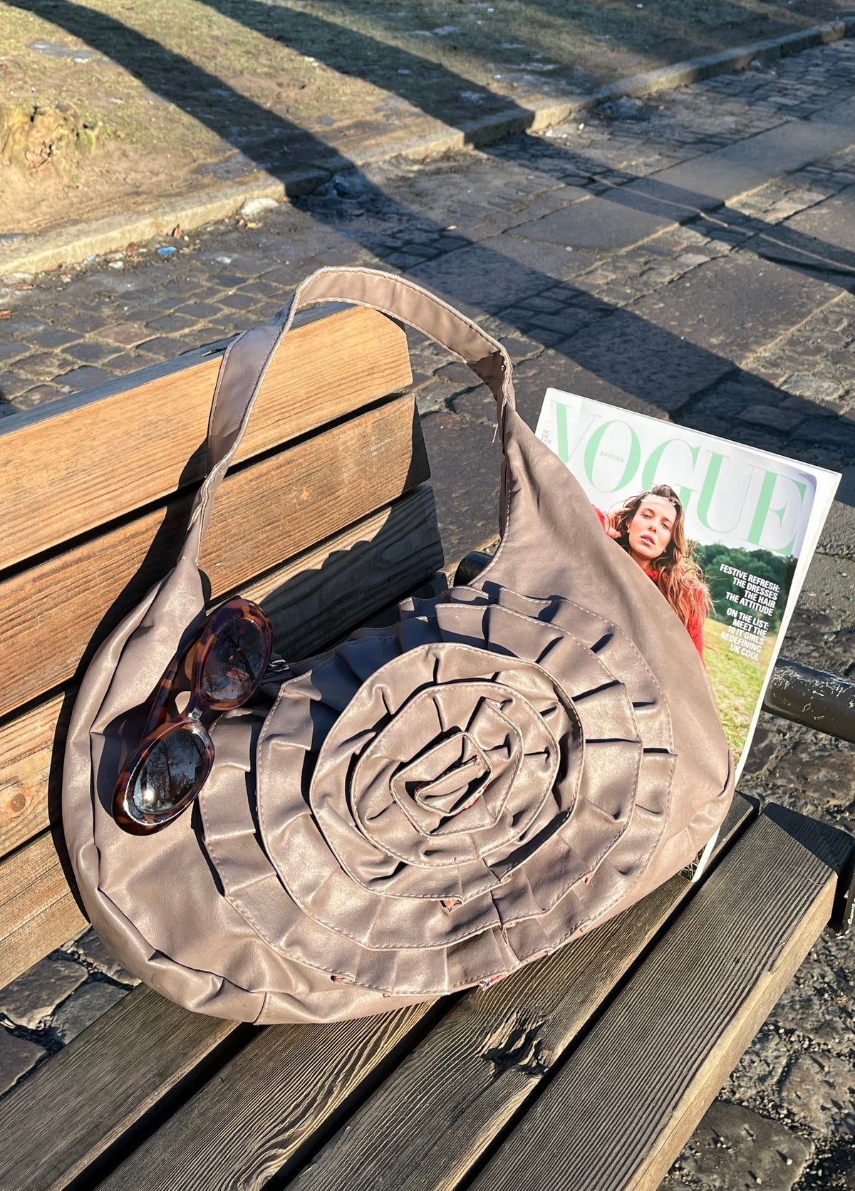 Taupe Rose Detail Shoulder Bag