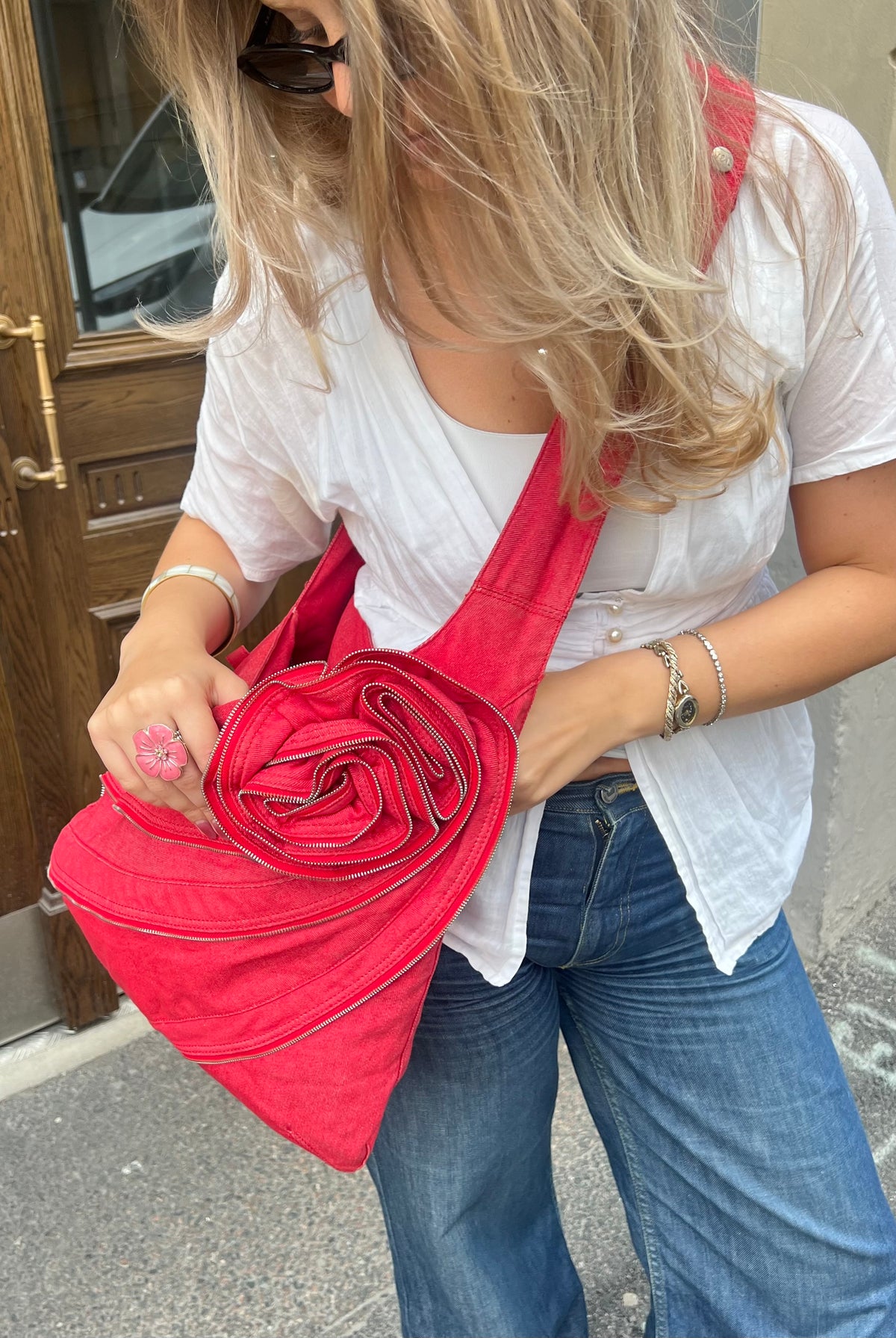 Red Zip Rose Crossbody Bag