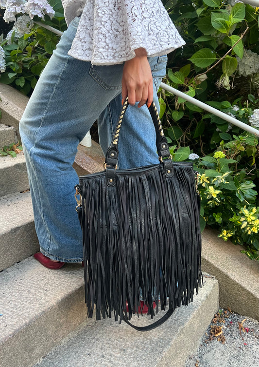 Black Fringe Shoulder Bag with Gold Details