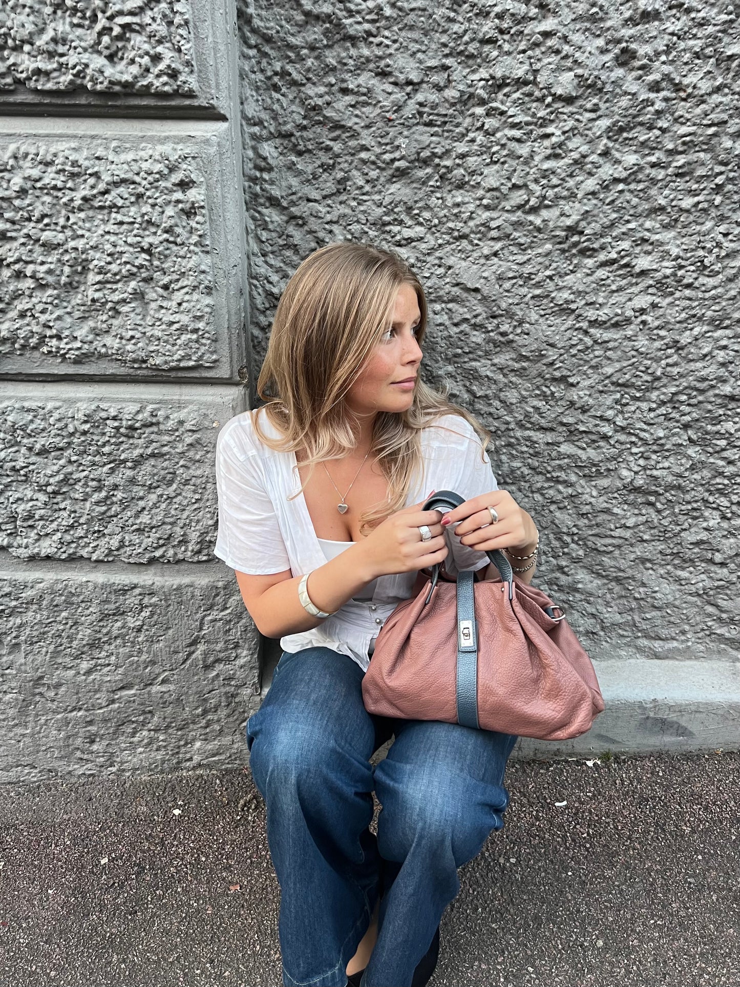 Reddish Brown Two-Tone Shoulder Bag