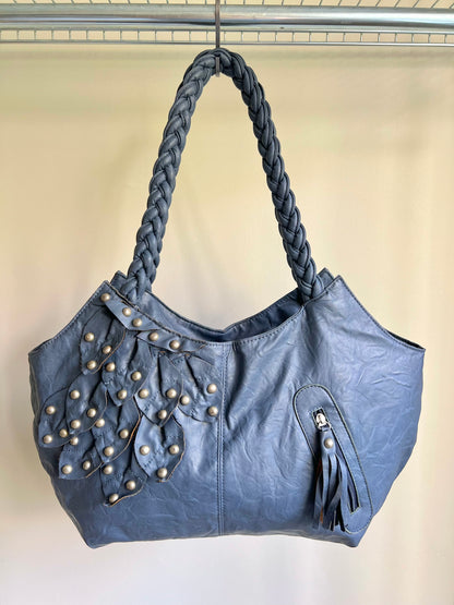 Blue Studded Shoulder Bag with Braided Handles