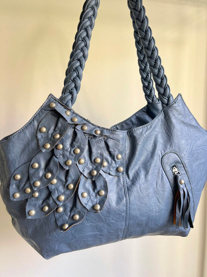 Blue Studded Shoulder Bag with Braided Handles