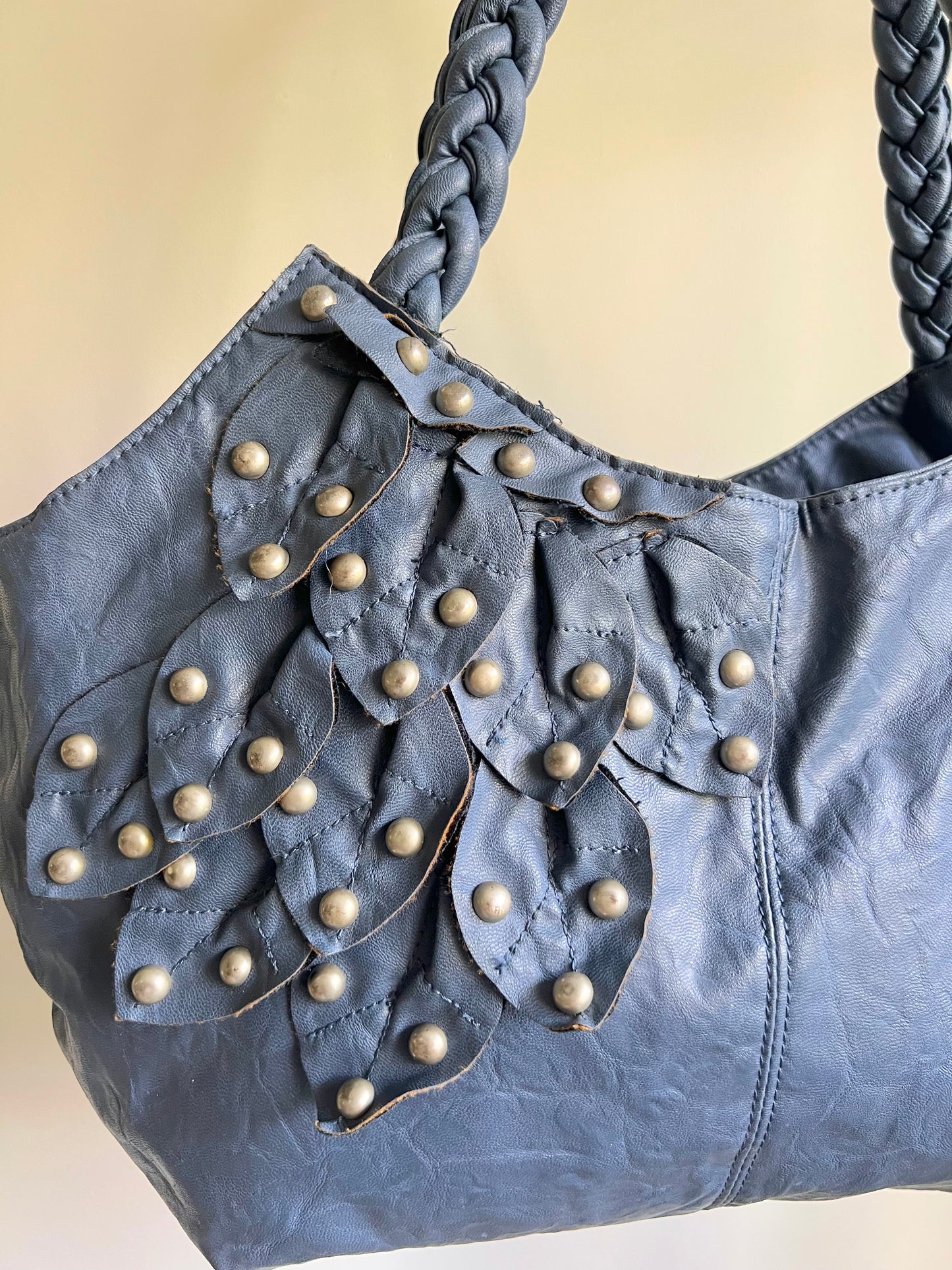 Blue Studded Shoulder Bag with Braided Handles