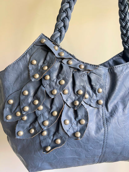 Blue Studded Shoulder Bag with Braided Handles