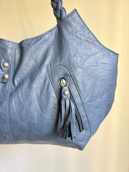 Blue Studded Shoulder Bag with Braided Handles