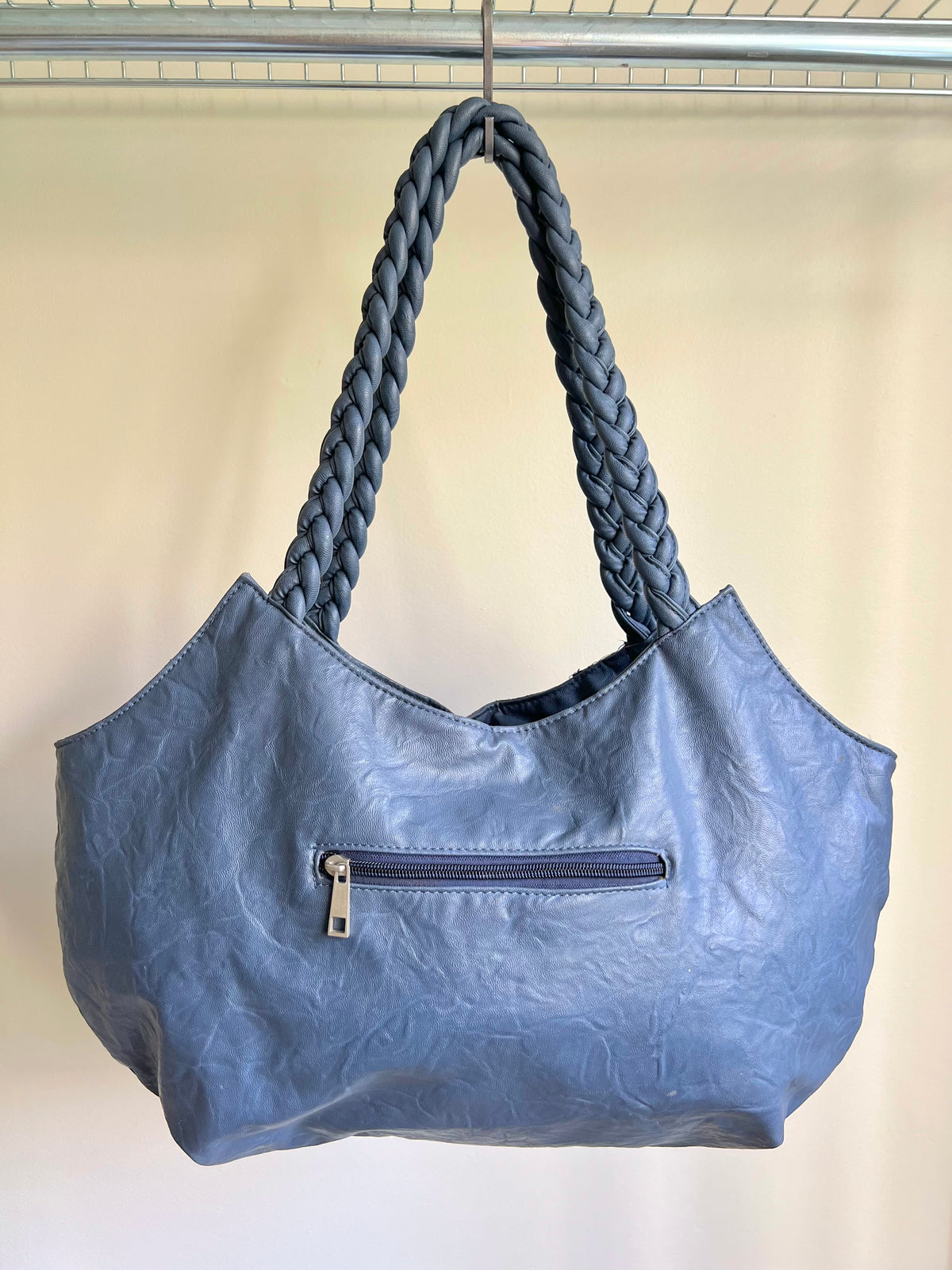 Blue Studded Shoulder Bag with Braided Handles