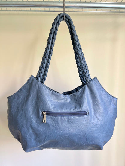Blue Studded Shoulder Bag with Braided Handles