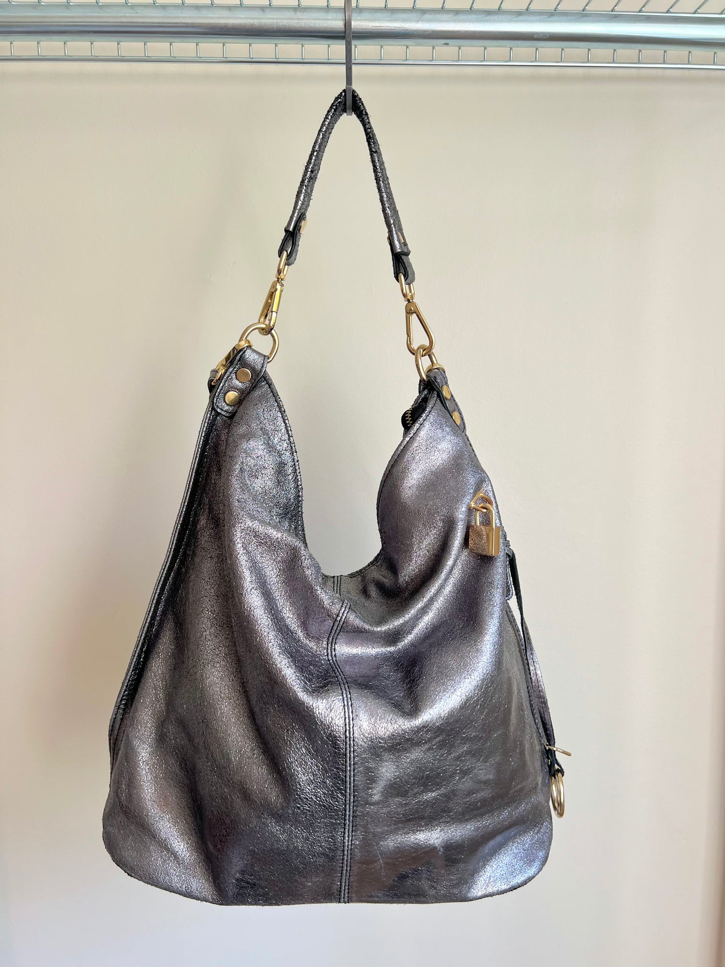 Dark Silver Shoulder Bag with Gold Details