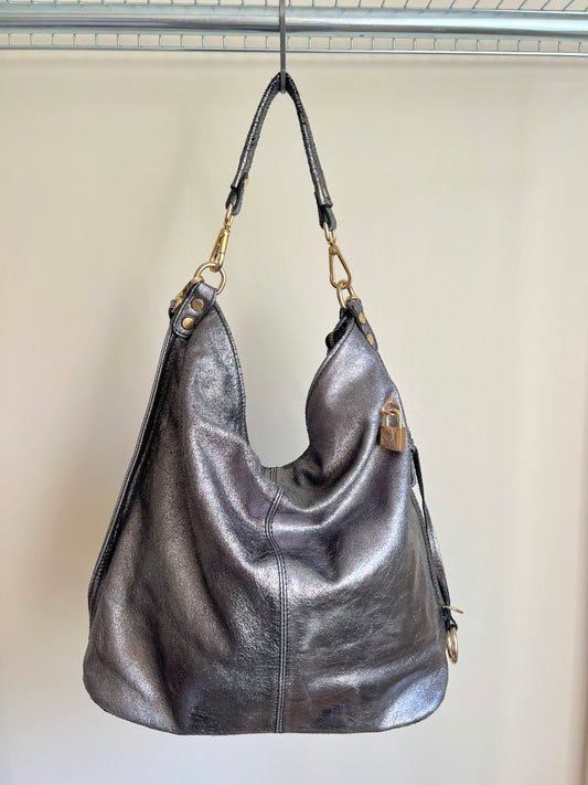 Dark Silver Shoulder Bag with Gold Details