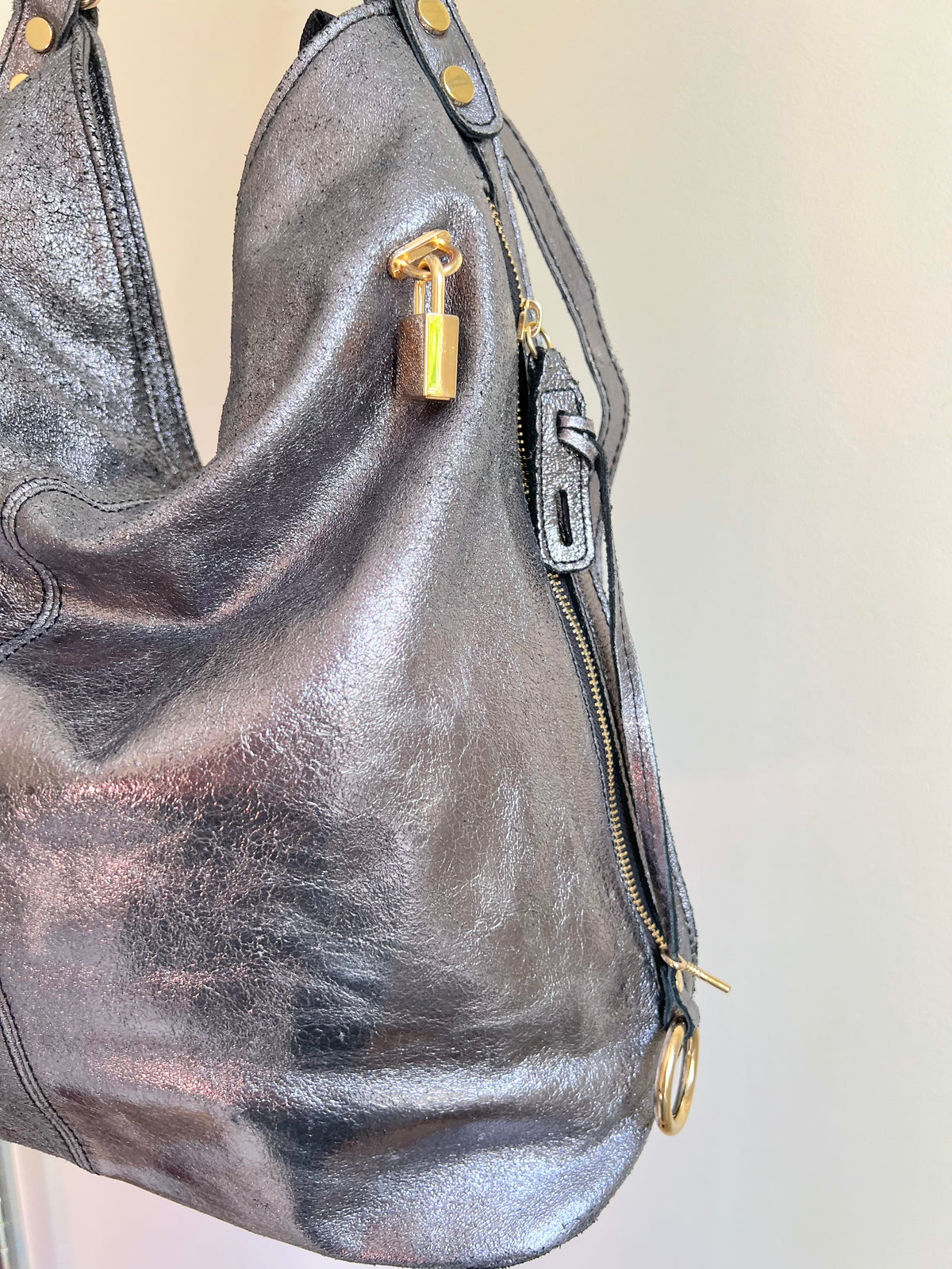 Dark Silver Shoulder Bag with Gold Details