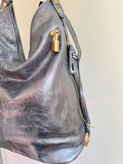 Dark Silver Shoulder Bag with Gold Details