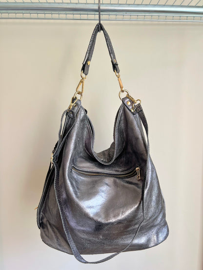 Dark Silver Shoulder Bag with Gold Details