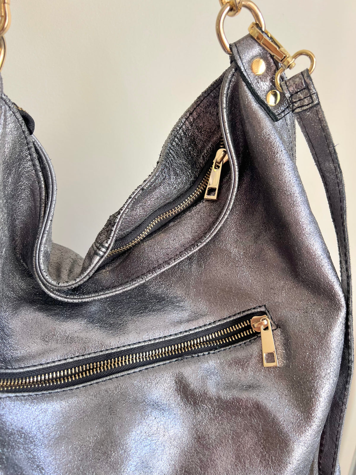 Dark Silver Shoulder Bag with Gold Details