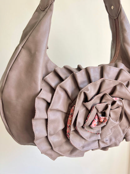 Taupe Rose Detail Shoulder Bag