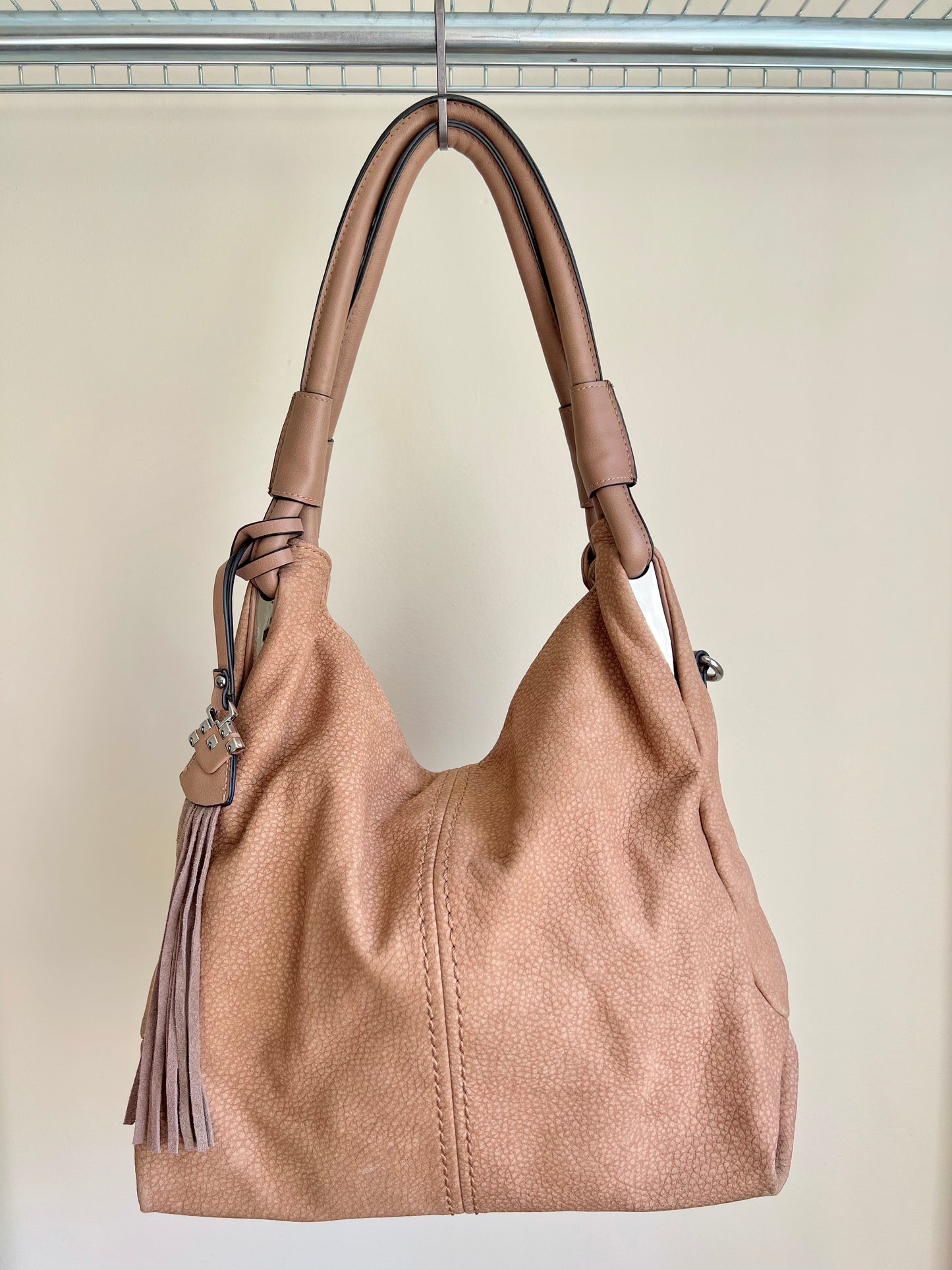 Taupe Slouchy Shoulder Bag with Tassel Detail
