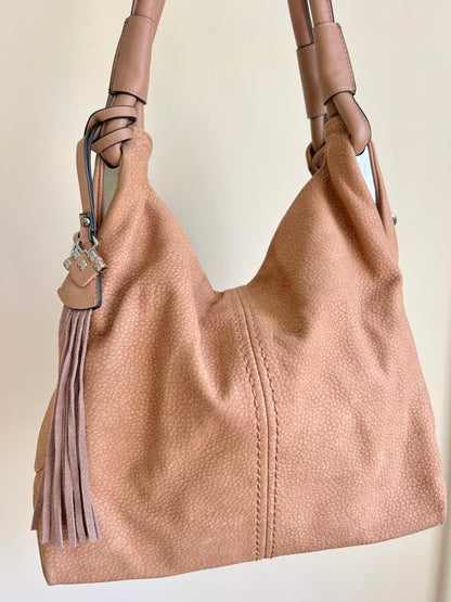 Taupe Slouchy Shoulder Bag with Tassel Detail