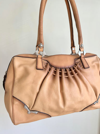 Tan Leather Shoulder Bag with Silver Details