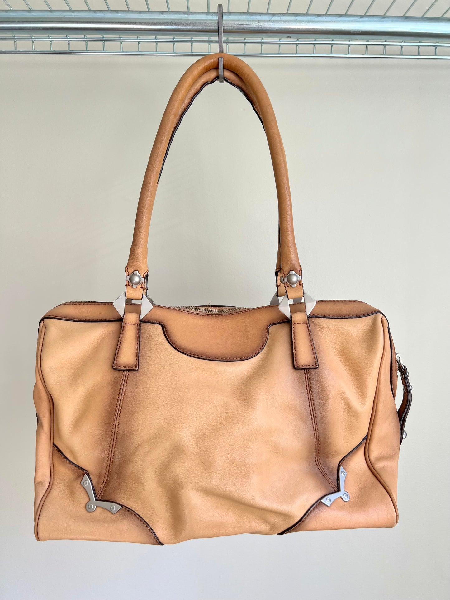 Tan Leather Shoulder Bag with Silver Details