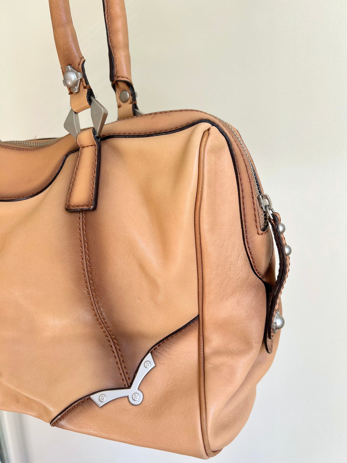 Tan Leather Shoulder Bag with Silver Details