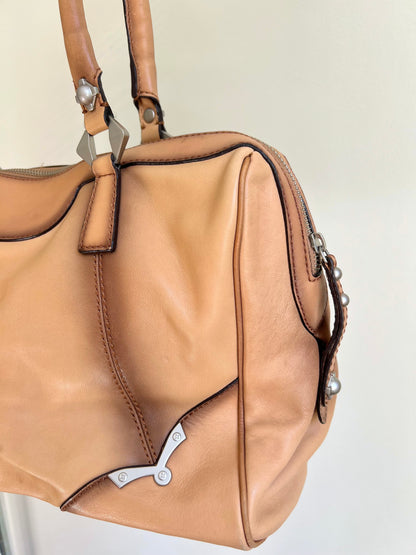 Tan Leather Shoulder Bag with Silver Details