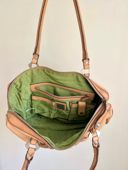 Tan Leather Shoulder Bag with Silver Details