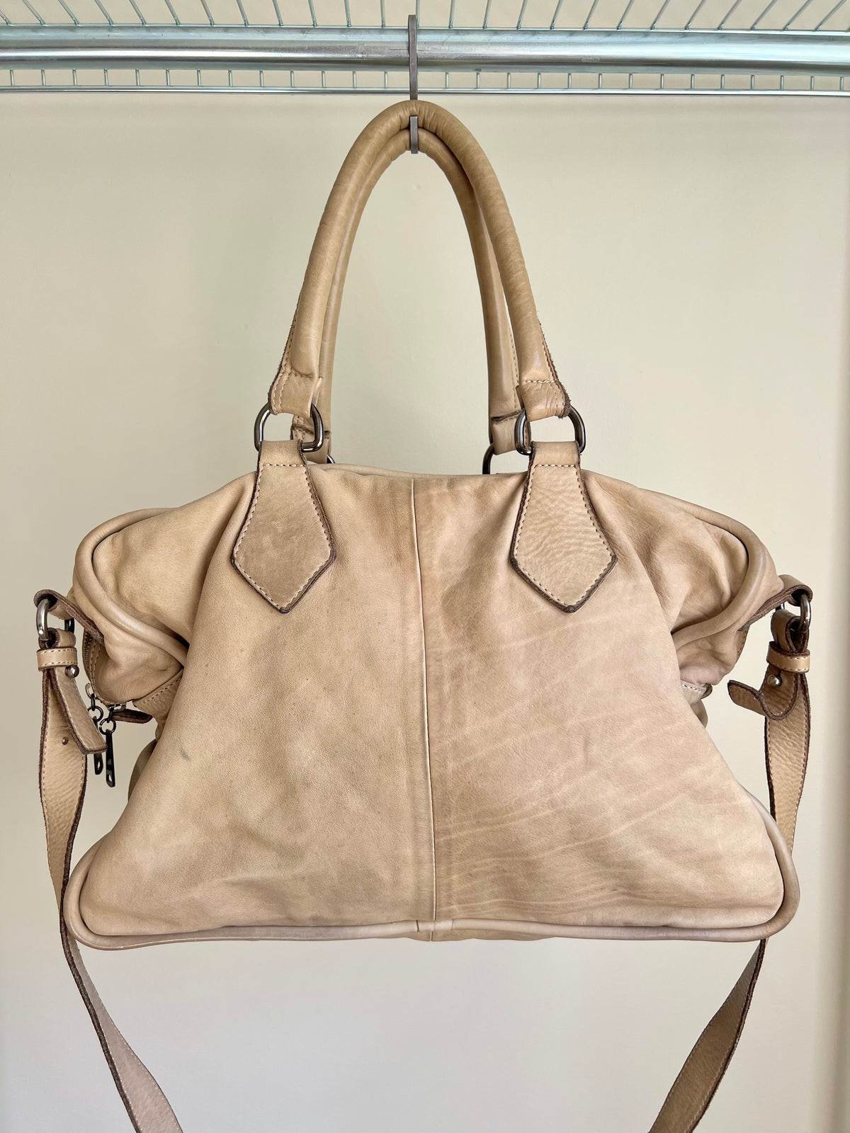 Beige Leather Shoulder Bag with Extra Strap