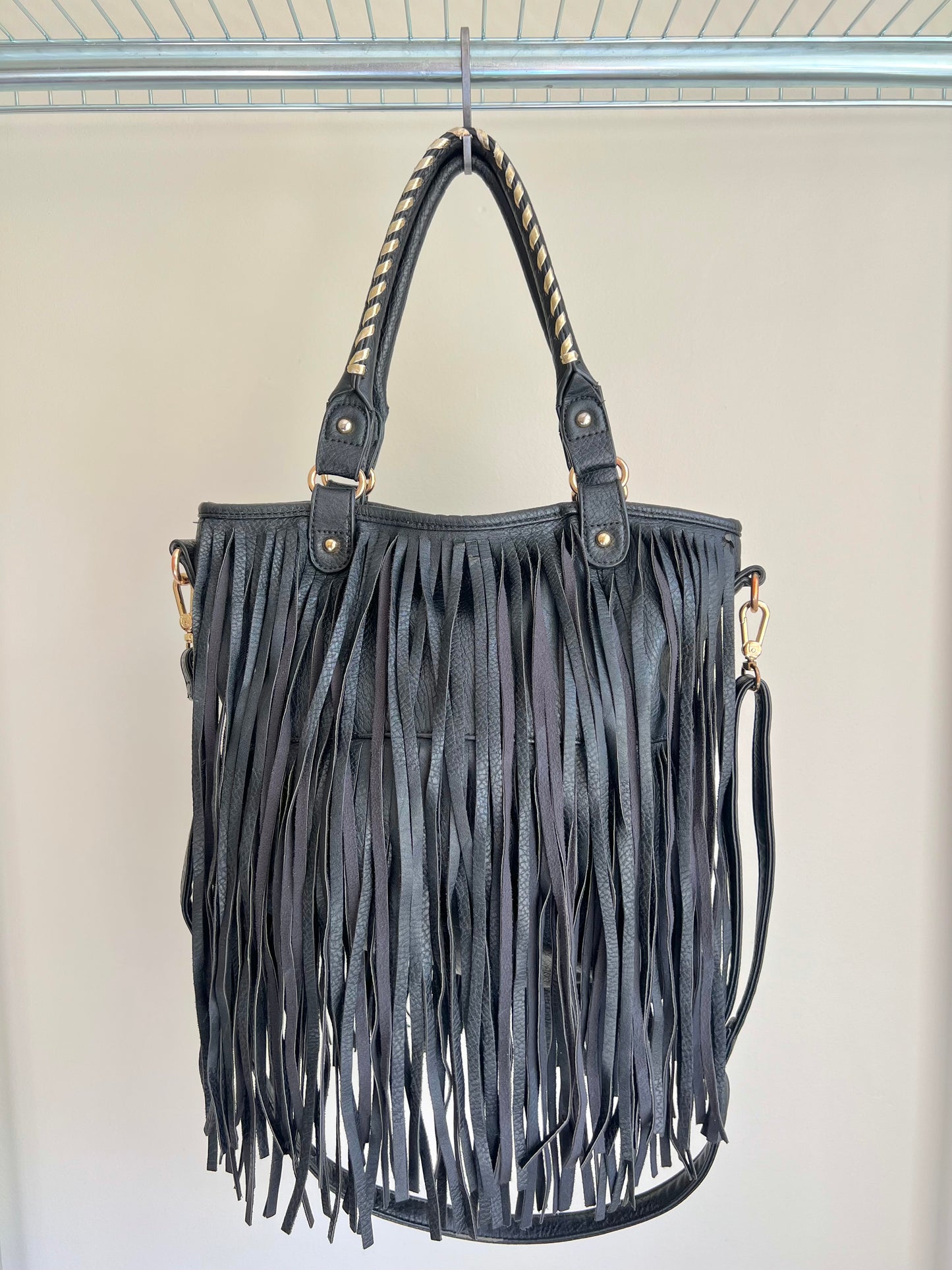 Black Fringe Shoulder Bag with Gold Details