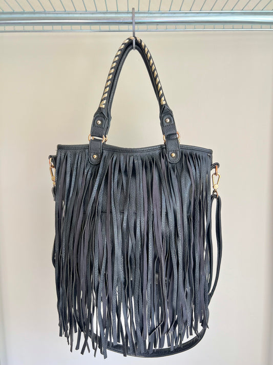 Black Fringe Shoulder Bag with Gold Details