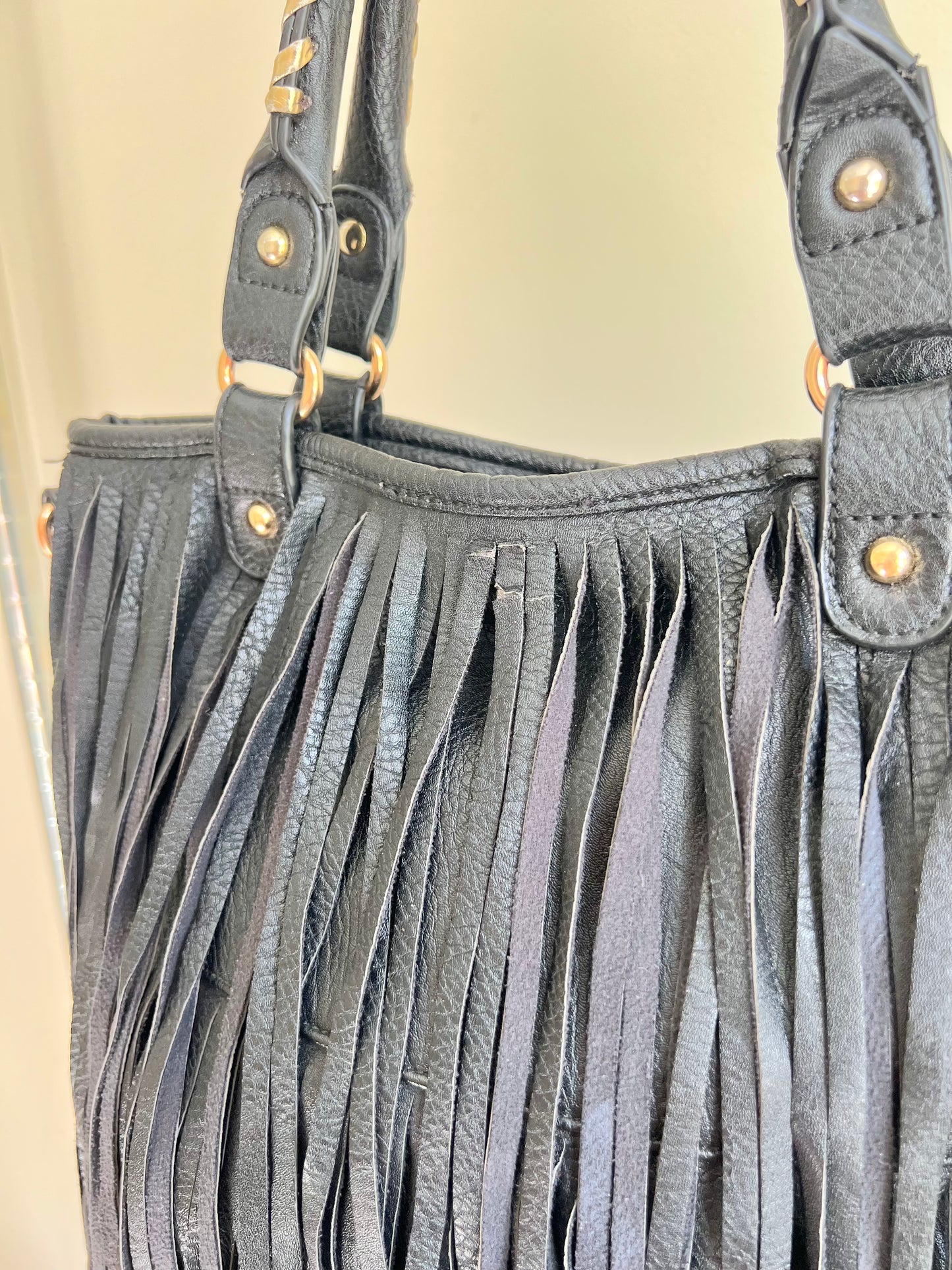 Black Fringe Shoulder Bag with Gold Details