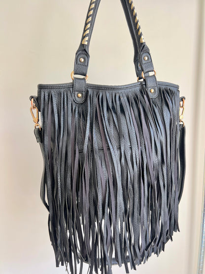 Black Fringe Shoulder Bag with Gold Details