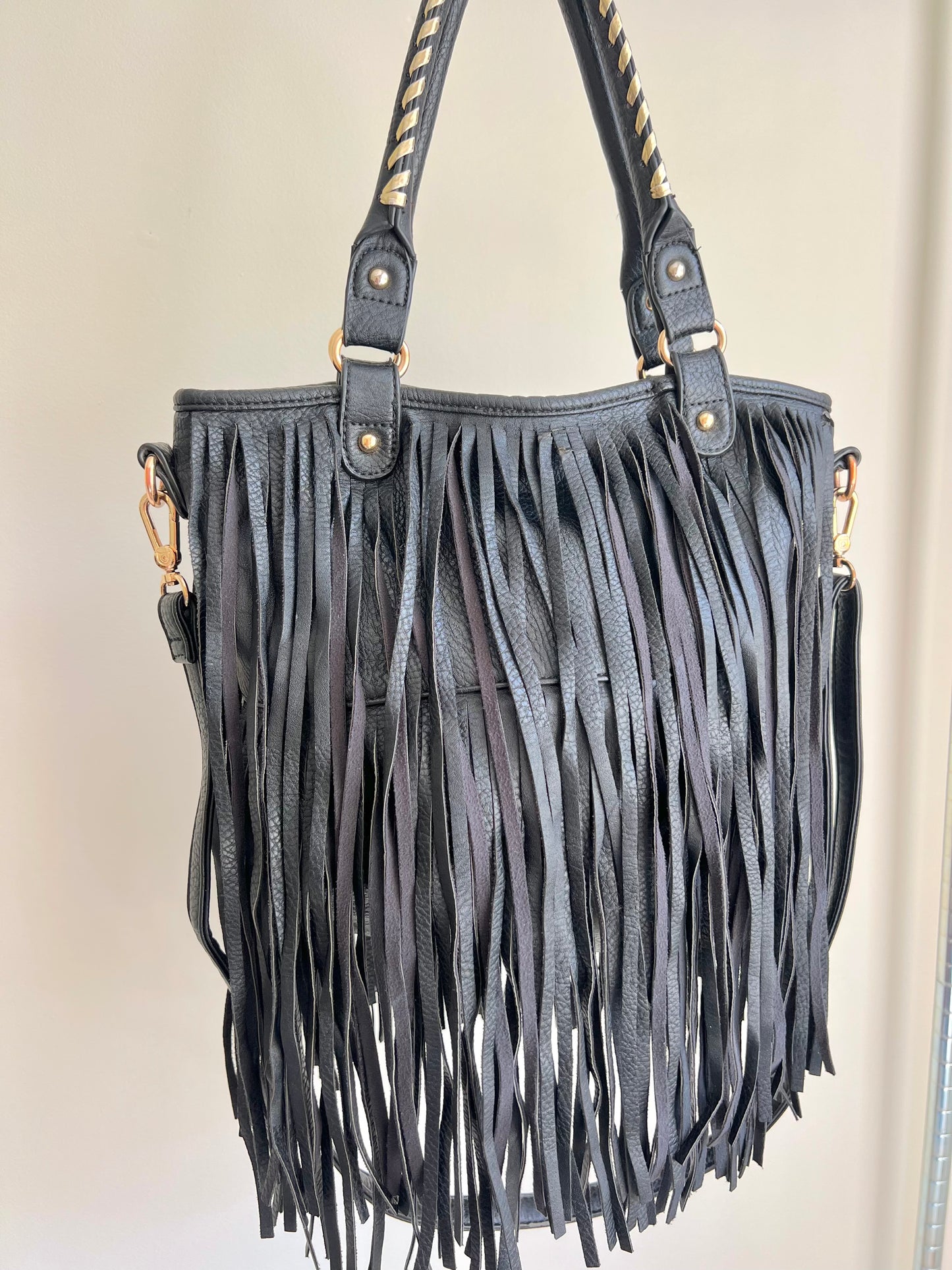 Black Fringe Shoulder Bag with Gold Details
