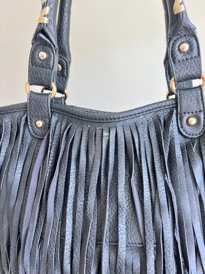 Black Fringe Shoulder Bag with Gold Details