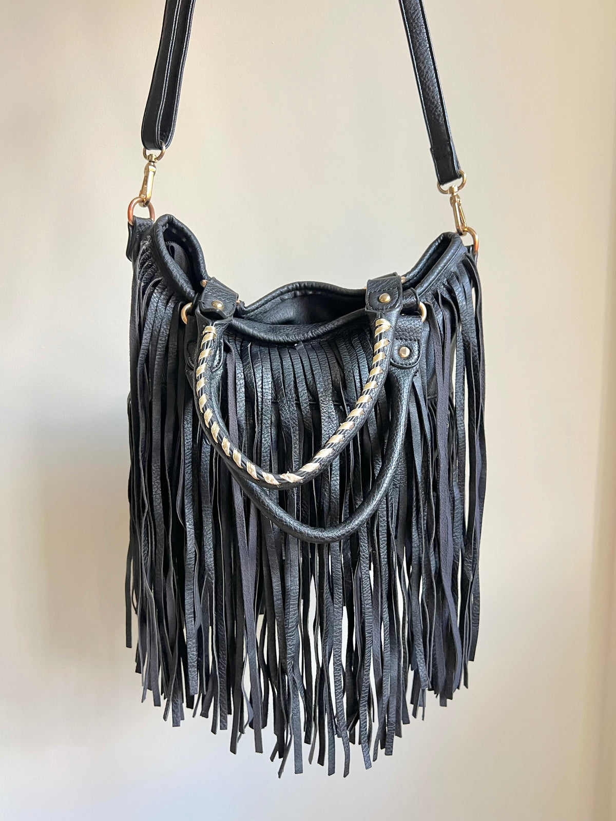 Black Fringe Shoulder Bag with Gold Details
