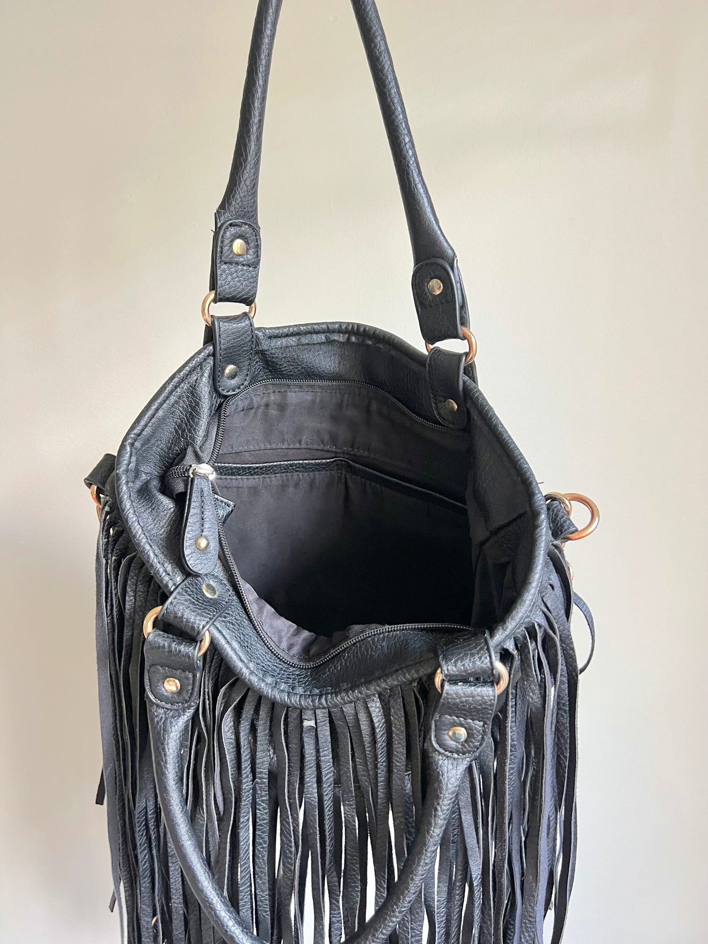 Black Fringe Shoulder Bag with Gold Details