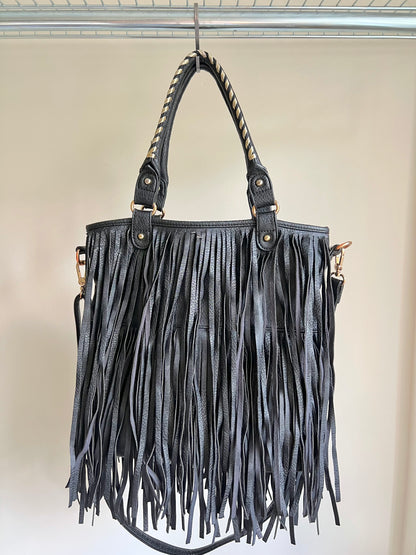 Black Fringe Shoulder Bag with Gold Details