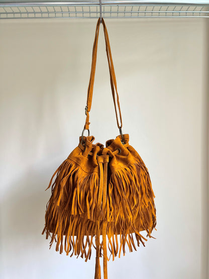Camel Brown Suede Fringe Crossbody Bag