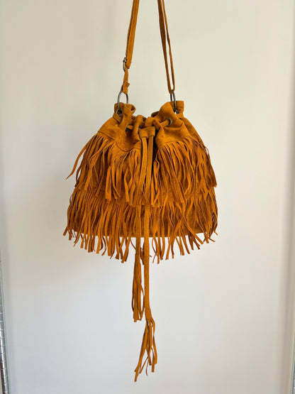 Camel Brown Suede Fringe Crossbody Bag