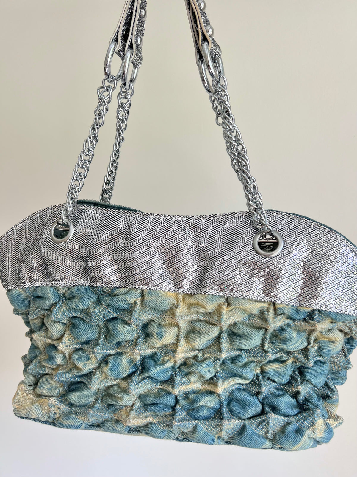 Blue and Silver Textured Shoulder Bag