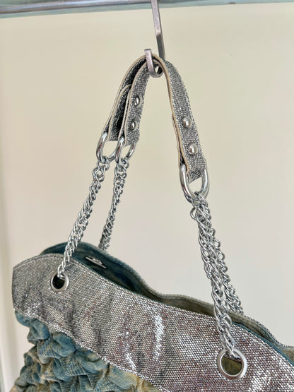 Blue and Silver Textured Shoulder Bag