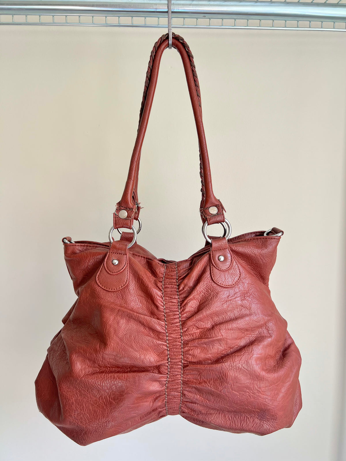 Brown Slouchy Shoulder Bag with Braided Handle Detail
